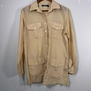 Lauren Ralph Lauren Silk Blend Beige Button-Up Shirt with Pockets Medium